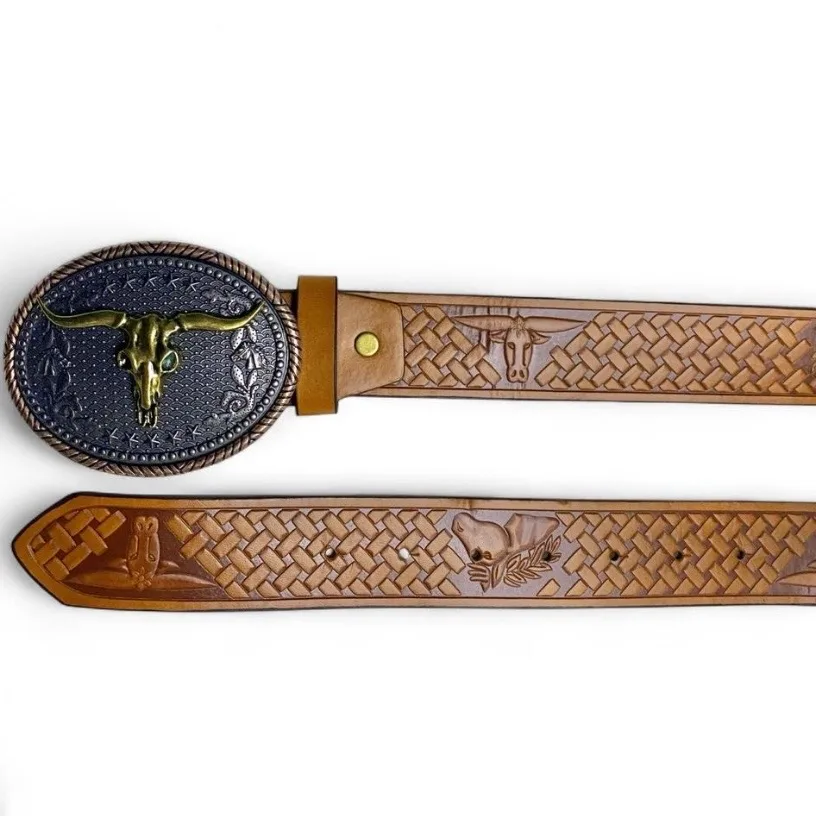 Western Embossed Belt Golden Longhorn Bull Silver Buckle — photo 2