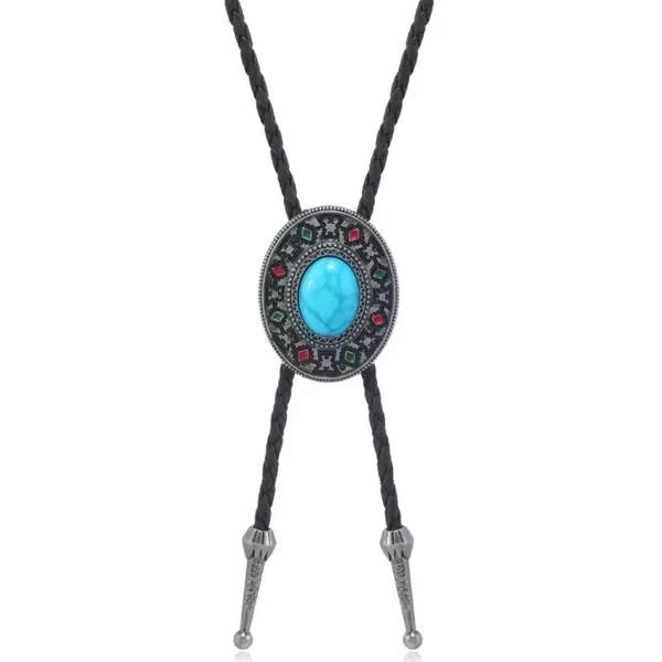 Western Bolo Tie Faux Turquoise in an engraved silver-tone bezel