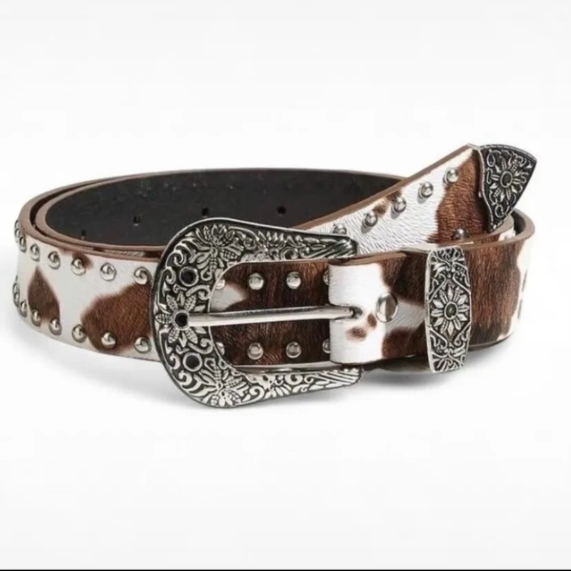 Western-Style Cow Print Studded Belt Ornate Silver Buckle — photo 2