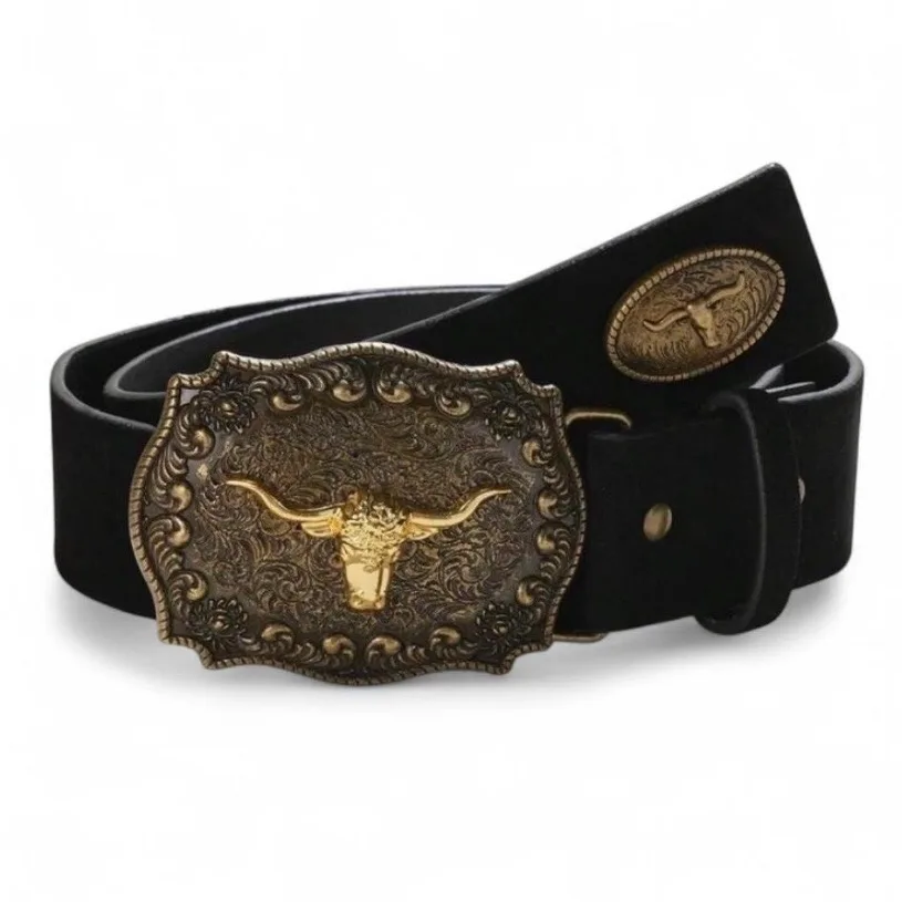 Western Black Suedette Belt with Golden Texas Longhorn on Brass-Tone Buckle – photo 4