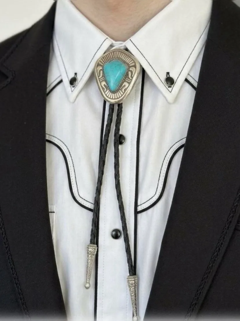 Western Bolo Tie Turquoise set in Silver Tone Bezel – photo 2
