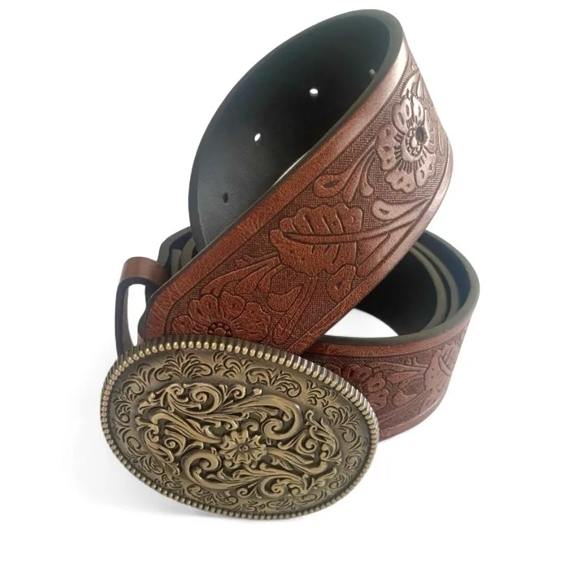 Western Style Tan Embossed Belt Detailed Soft Old Gold-Tone Buckle – photo 3