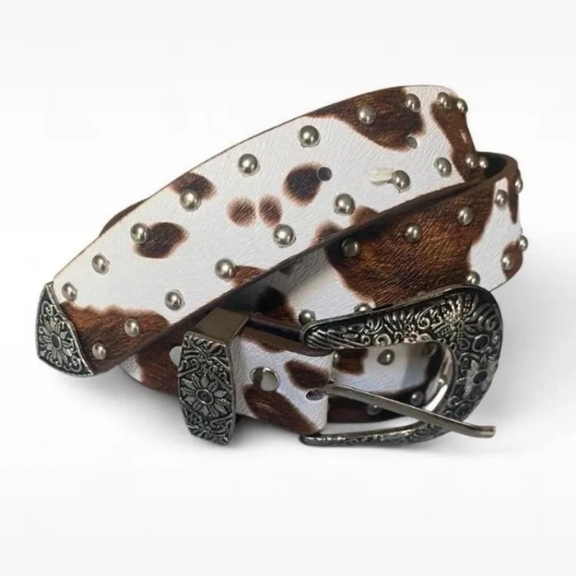 Western-Style Cow Print Studded Belt Ornate Silver Buckle — photo 3