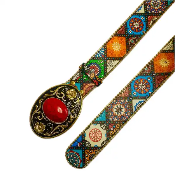 Boho Multicoloured Belt with Red Stone Buckle
