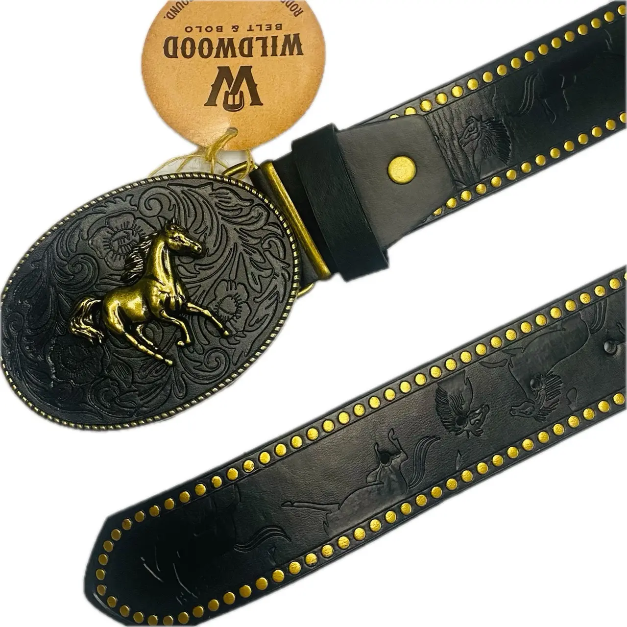 Western Embossed Belt Golden Horse on Black Buckle – photo 3