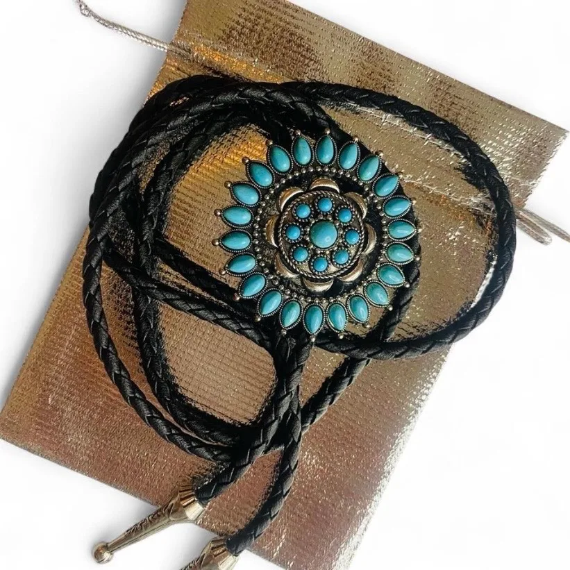 Western Bolo Tie Antique Silver-Tone Turquoise Sunburst – photo 4