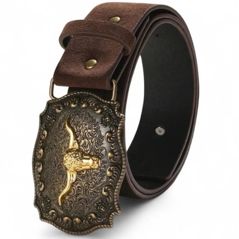 Western Brown Suedette belt Brass Buckle Golden Longhorn – photo 4
