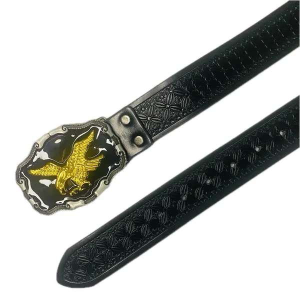 Western Black Embossed Belt with Golden Eagle on Black Buckle