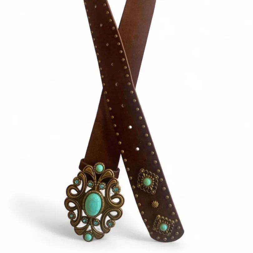 Vintage-Style Western Turquoise Concho Belt Brown – photo 3