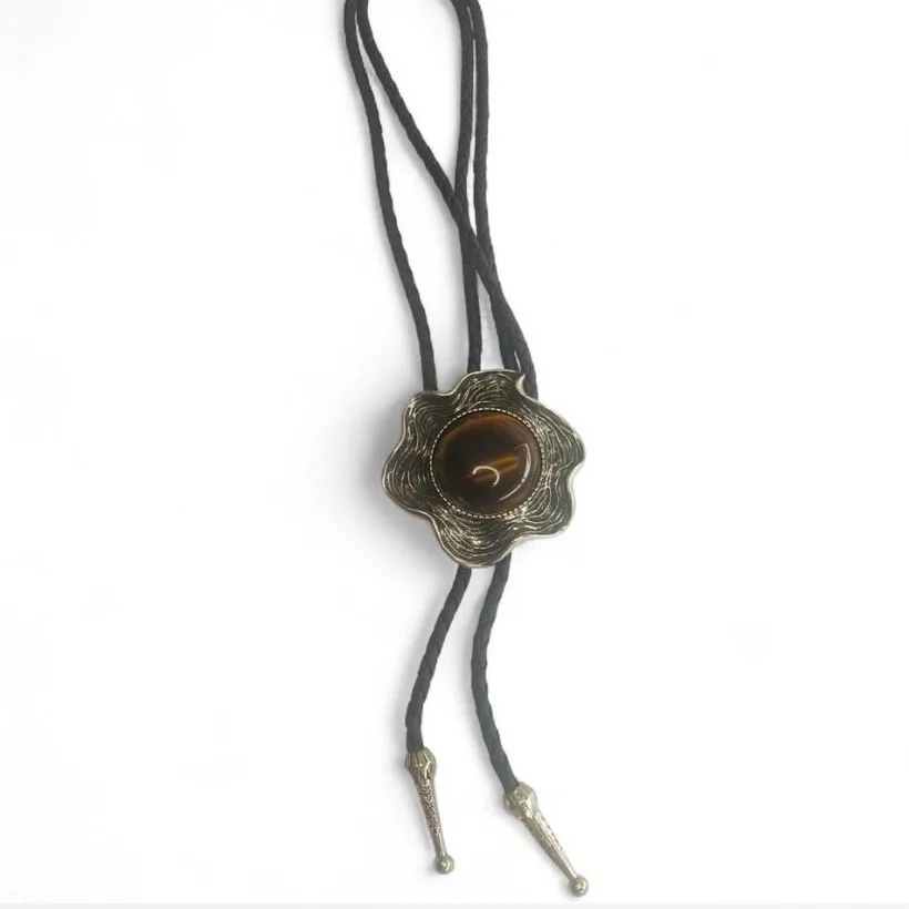 Western Style Bolo Tie Tigers Eye Silver-Tone Setting – photo 3
