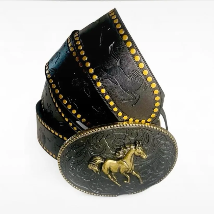 Western Embossed Belt Golden Horse on Black Buckle — photo 2