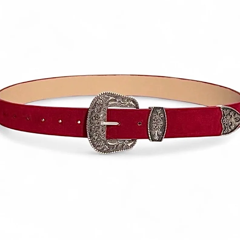 Western Red Velvet Belt Ornate Silver-Tone Buckle – photo 4
