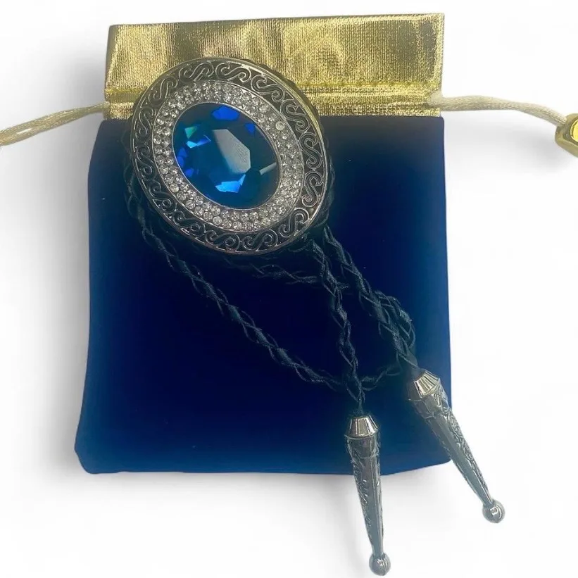 Blue Crystal Bolo Tie with Ornate Silver-Tone Oval Frame – photo 4