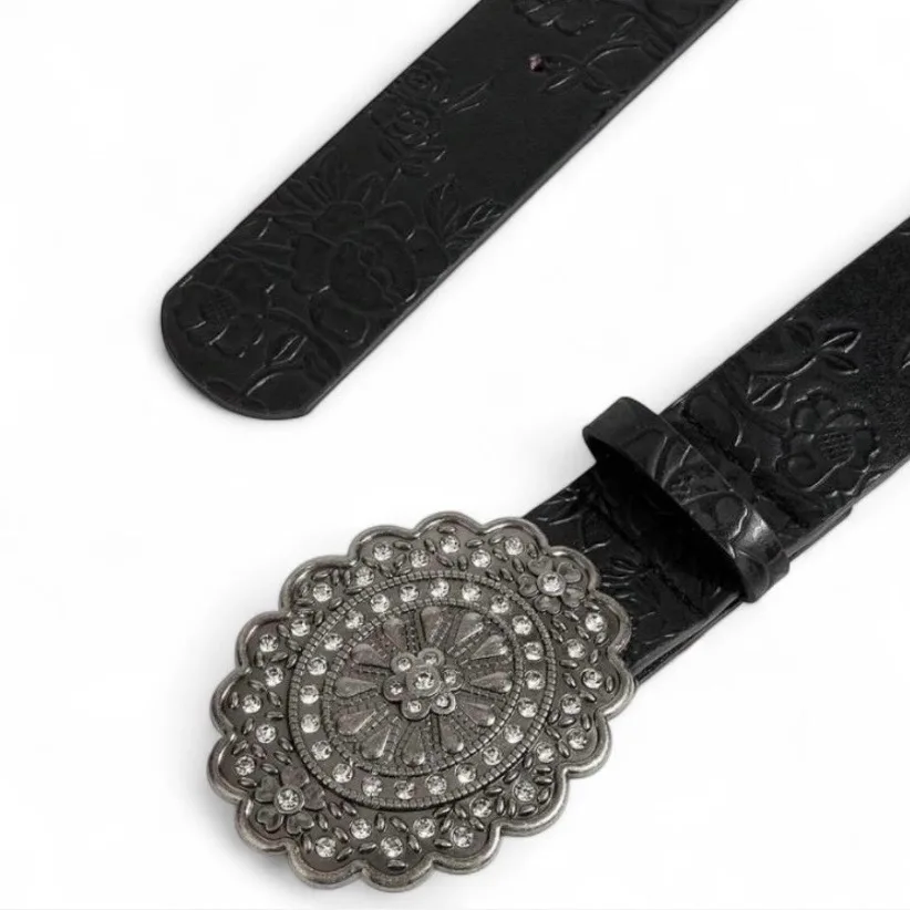 Vintage-Style Western Floral Embossed Belt with Oval Rhinestone Buckle – photo 3