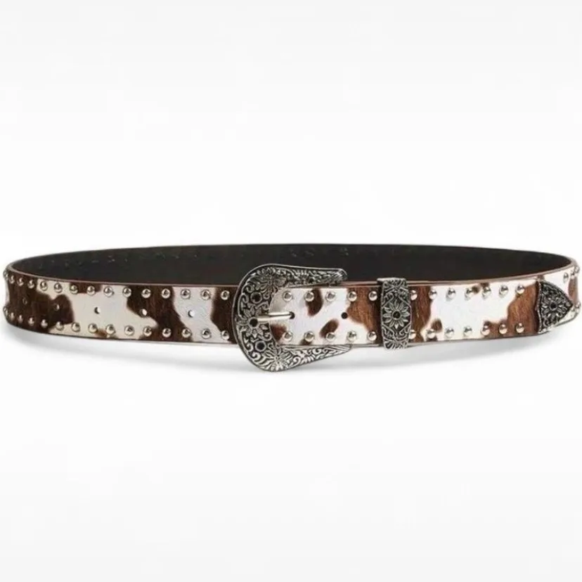 Western-Style Cow Print Studded Belt Ornate Silver Buckle — photo 4