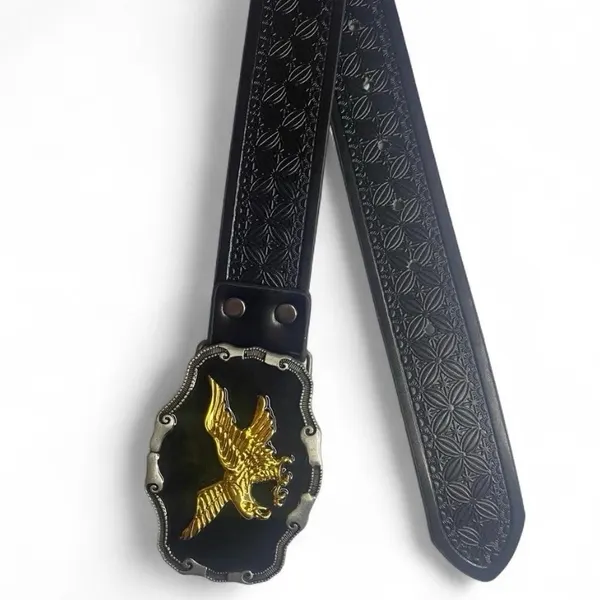 Western Black Embossed Belt with Golden Eagle on Black Buckle