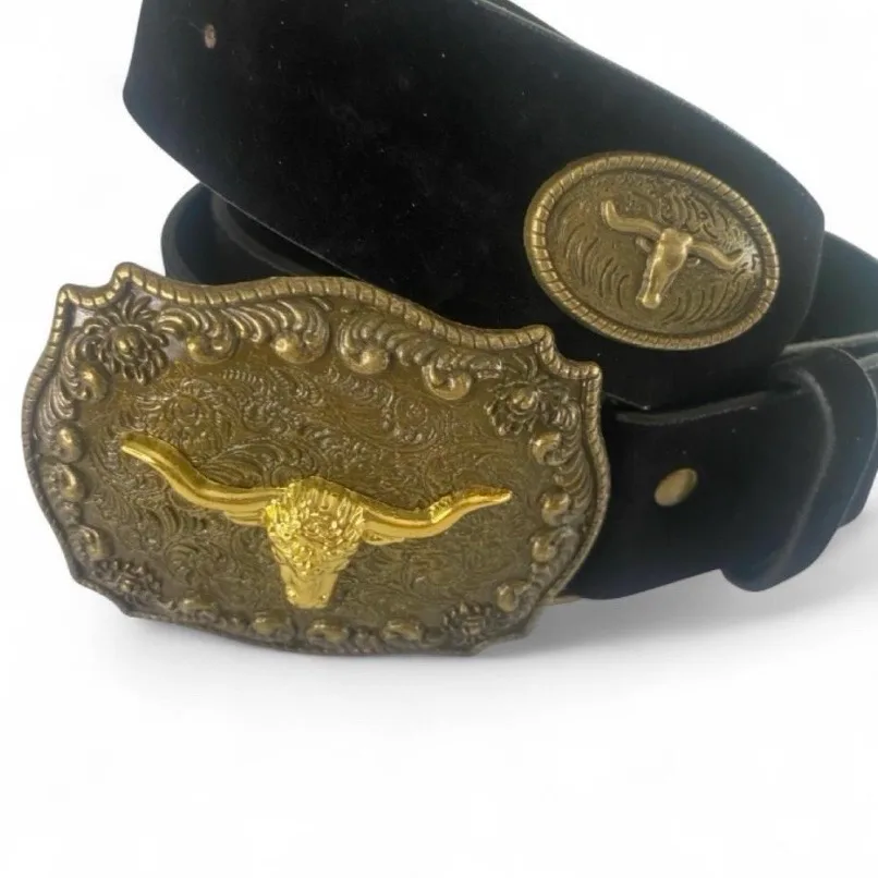 Western Black Suedette Belt with Golden Texas Longhorn on Brass-Tone Buckle – photo 7