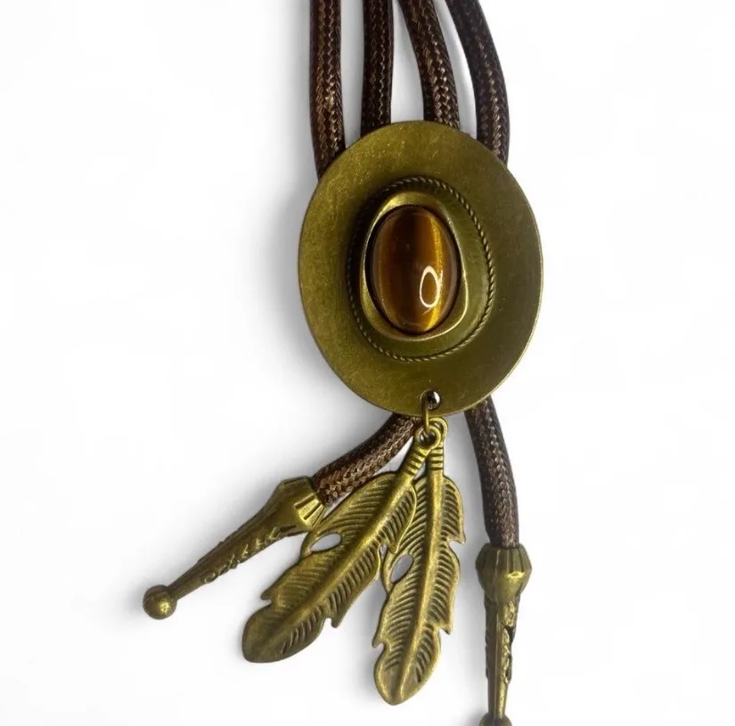 Western bolo tie cowboy hat pendant, tigers eye & feather charms – photo 4