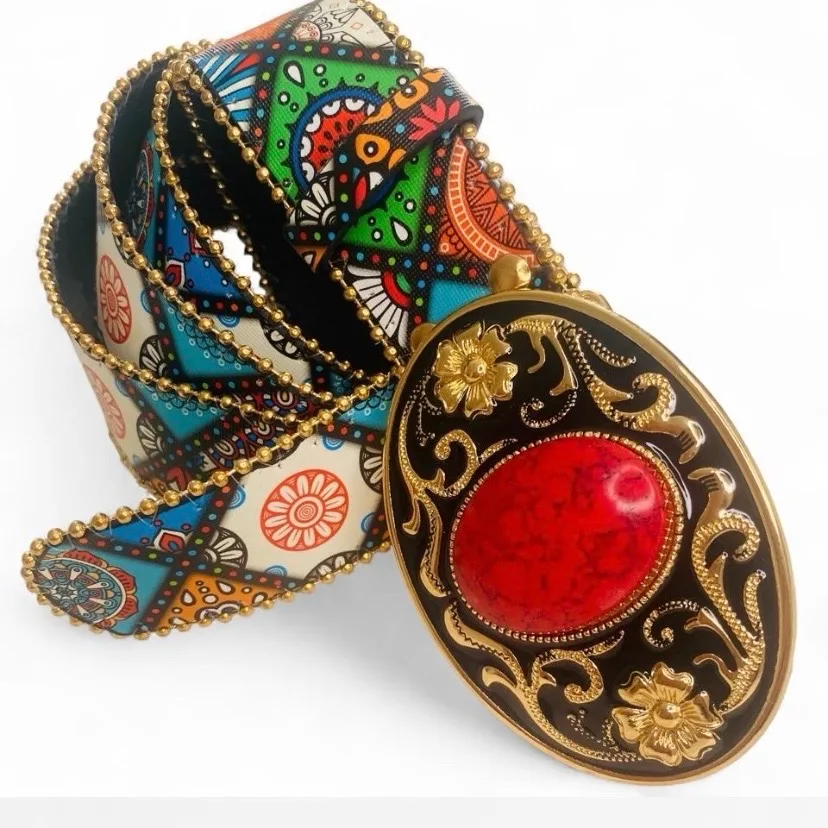 Boho Multicoloured Belt with Red Stone Buckle – photo 4