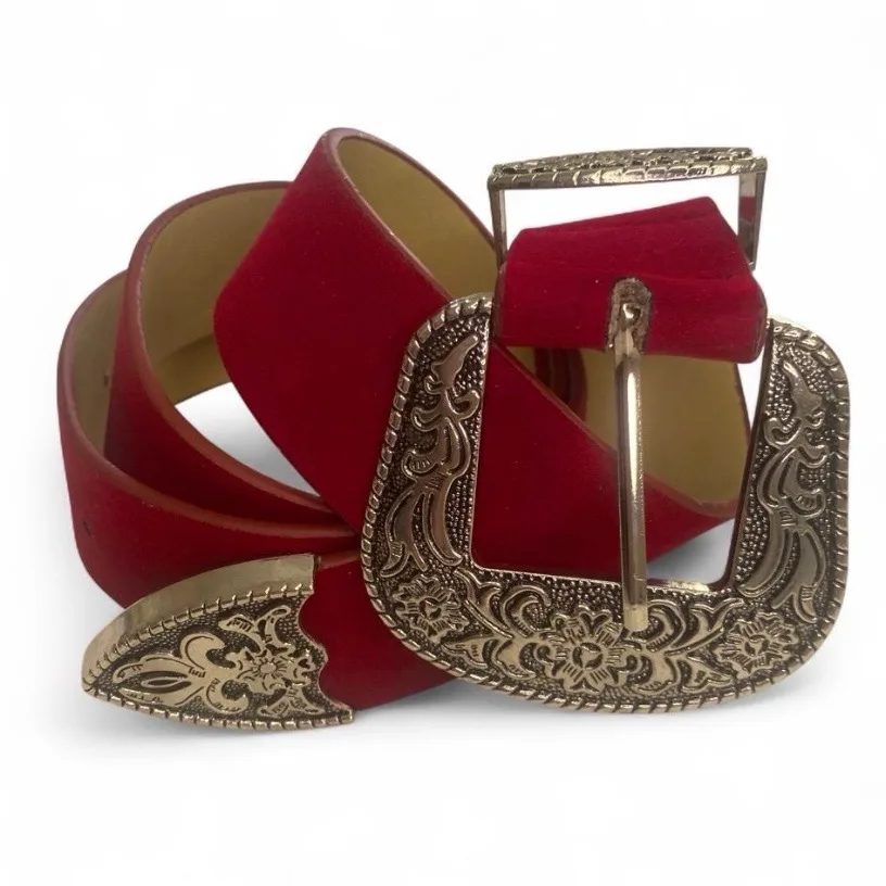 Western Red Velvet Belt Ornate Silver-Tone Buckle – photo 3