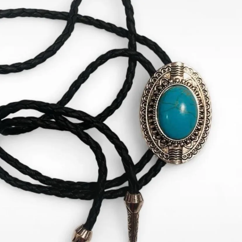 Western Bolo Tie Faux Turquoise silver-tone bezel — photo 2
