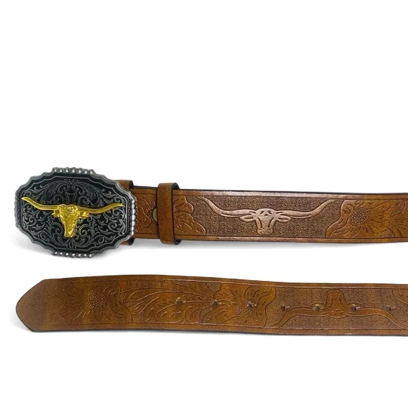 Custom Western Style Belt Golden Longhorn/ Silver Buckle NEW — photo 3