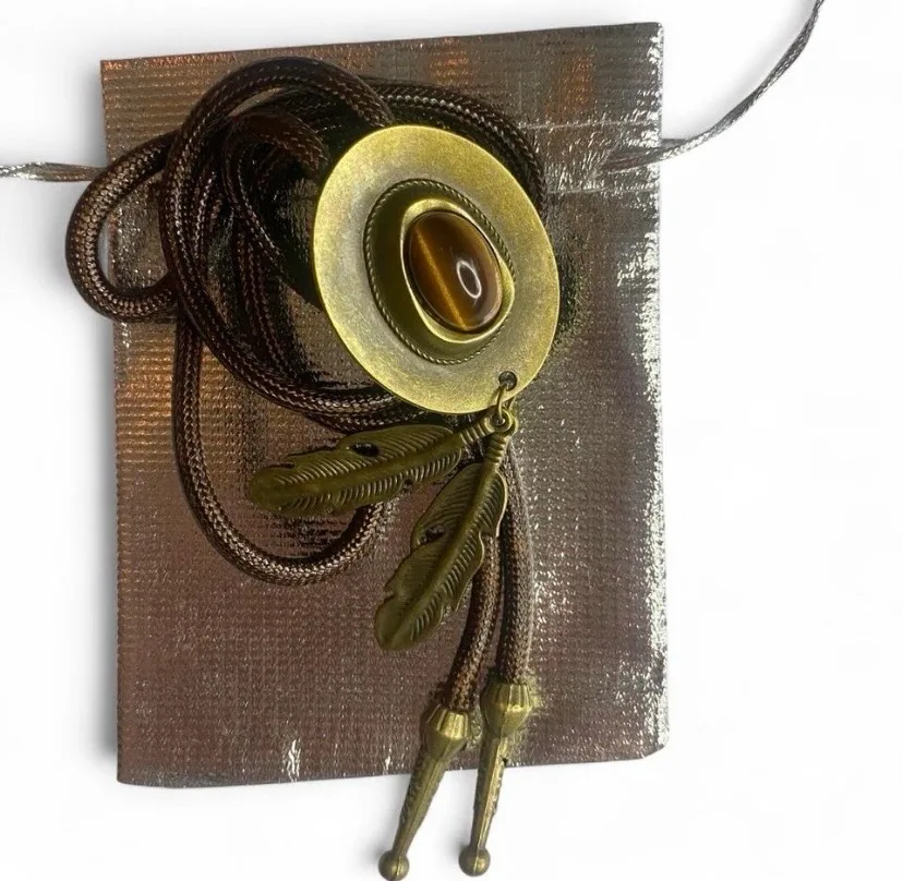 Western bolo tie cowboy hat pendant, tigers eye & feather charms – photo 3