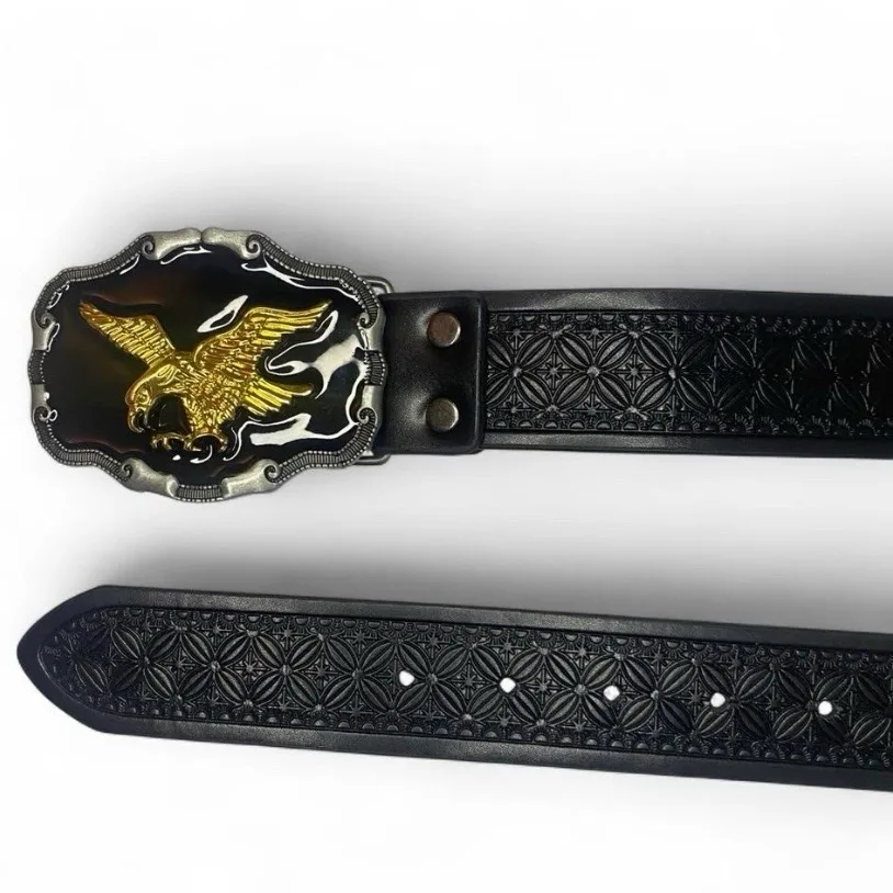 Western Black Embossed Belt with Golden Eagle on Black Buckle – photo 3