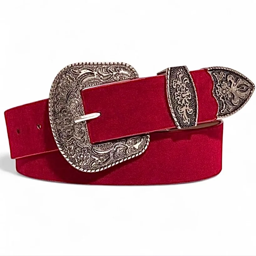 Western Red Velvet Belt Ornate Silver-Tone Buckle – photo 5