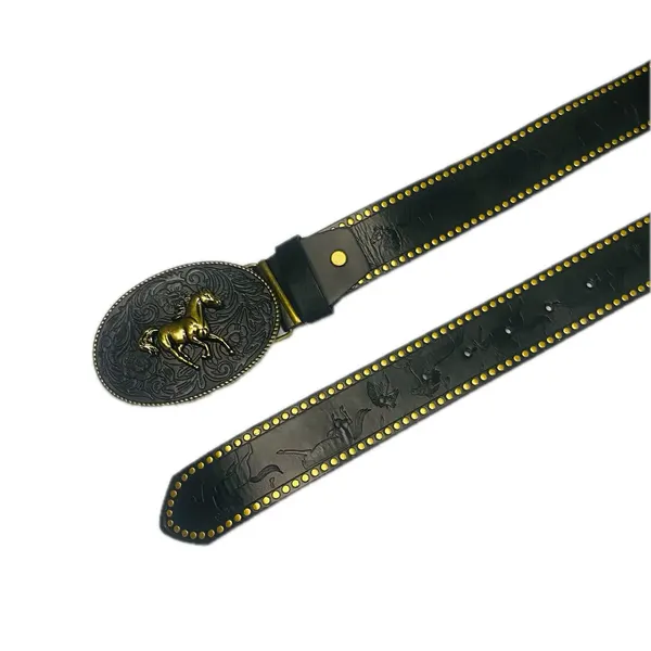 Western Embossed Belt Golden Horse on Black Buckle