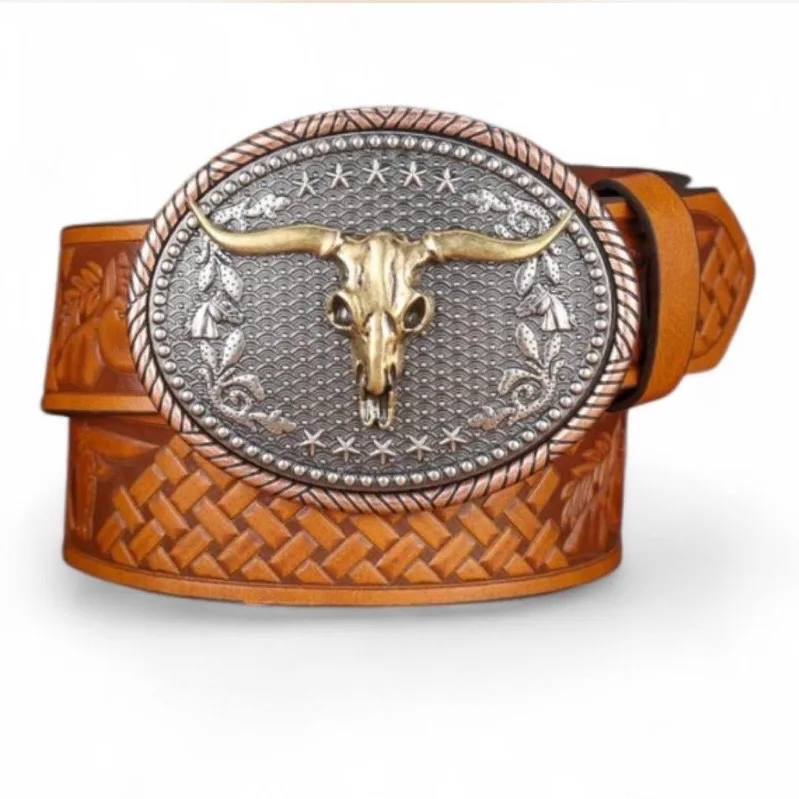 Western Embossed Belt Golden Longhorn Bull Silver Buckle — photo 3