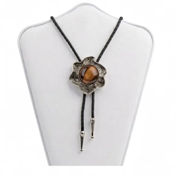 Western Style Bolo Tie Tigers Eye Silver-Tone Setting