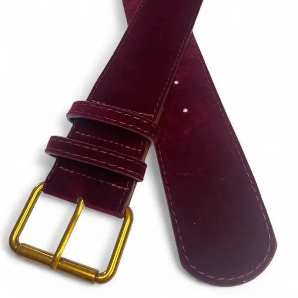Retro-style wide burgundy velvet belt large gold-tone buckle