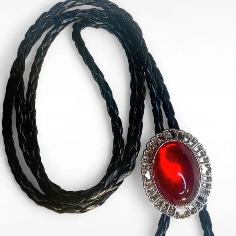Western Red Cabouchon Bolo Tie Silver-Tone Bezel — photo 4