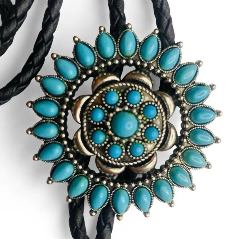 Western Bolo Tie Antique Silver-Tone Turquoise Sunburst – photo 7