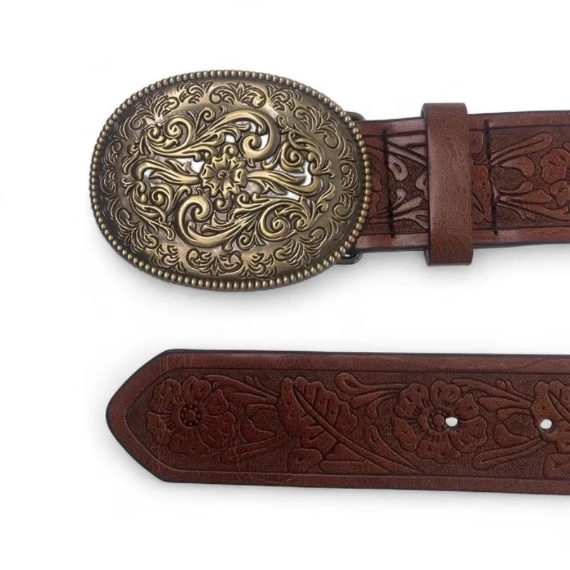 Western Style Tan Embossed Belt Detailed Soft Old Gold-Tone Buckle – photo 5