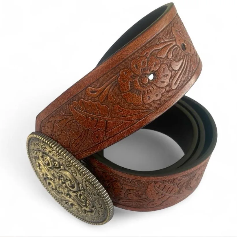 Western Style Tan Embossed Belt Detailed Soft Old Gold-Tone Buckle – photo 6