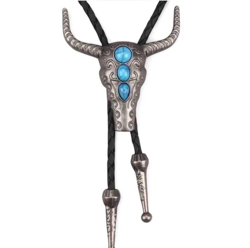 Western Style Bolo Tie Pewter-Tone Bulls Head – photo 2