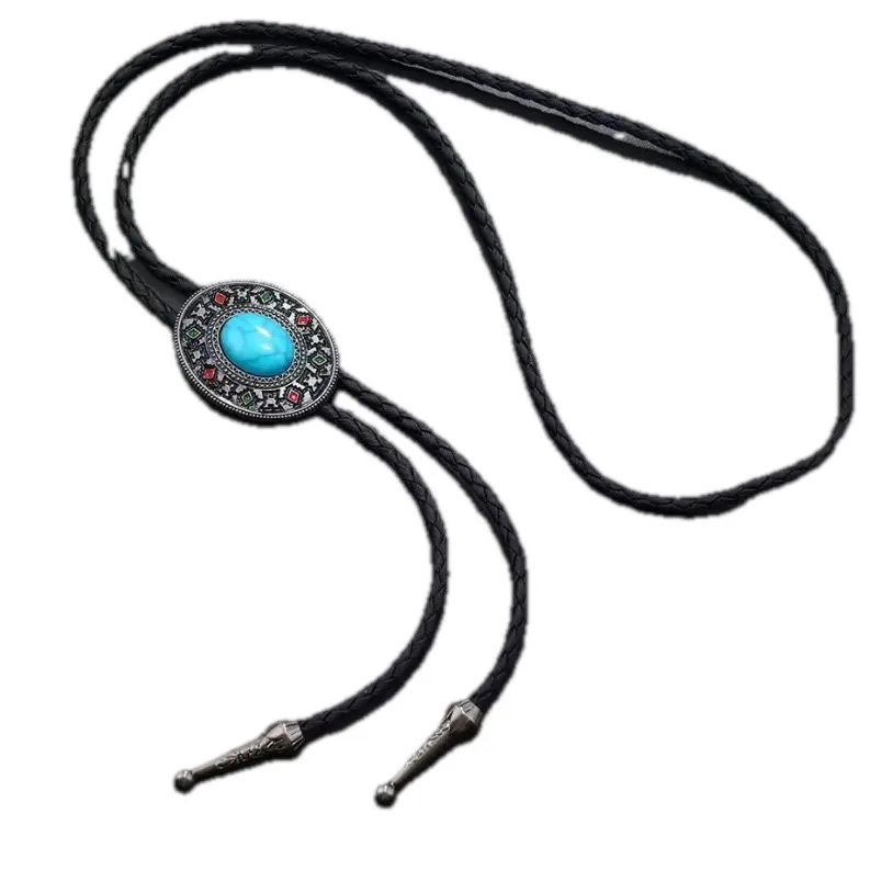 Western Bolo Tie Faux Turquoise in an engraved silver-tone bezel — photo 2