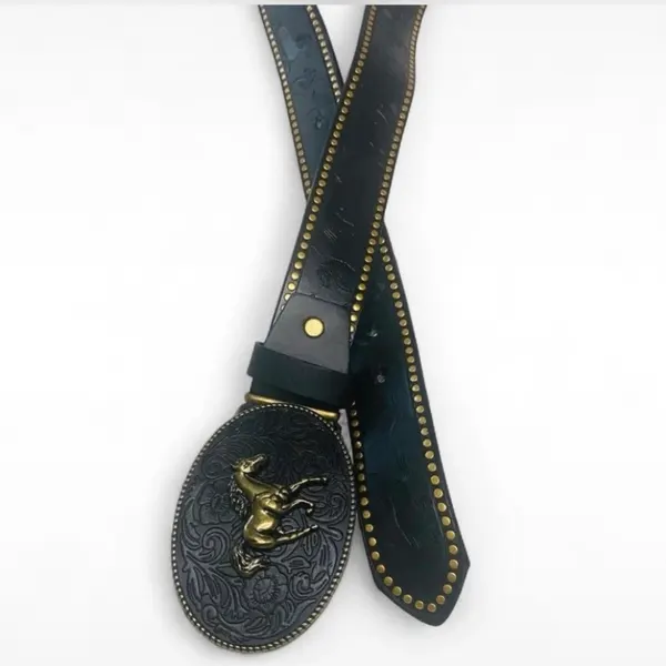 Western Embossed Belt Golden Horse on Black Buckle