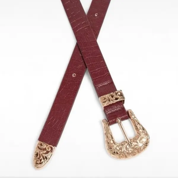 Western Style Crocodile Embossed Belt Ornate Gold-Tone Buckle