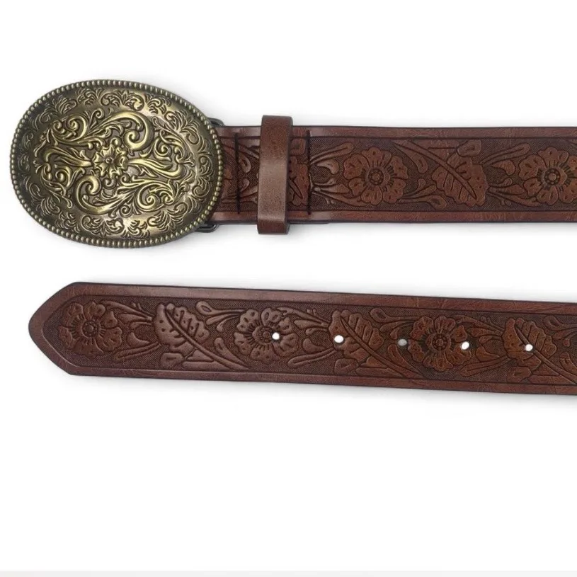 Western Style Tan Embossed Belt Detailed Soft Old Gold-Tone Buckle – photo 2
