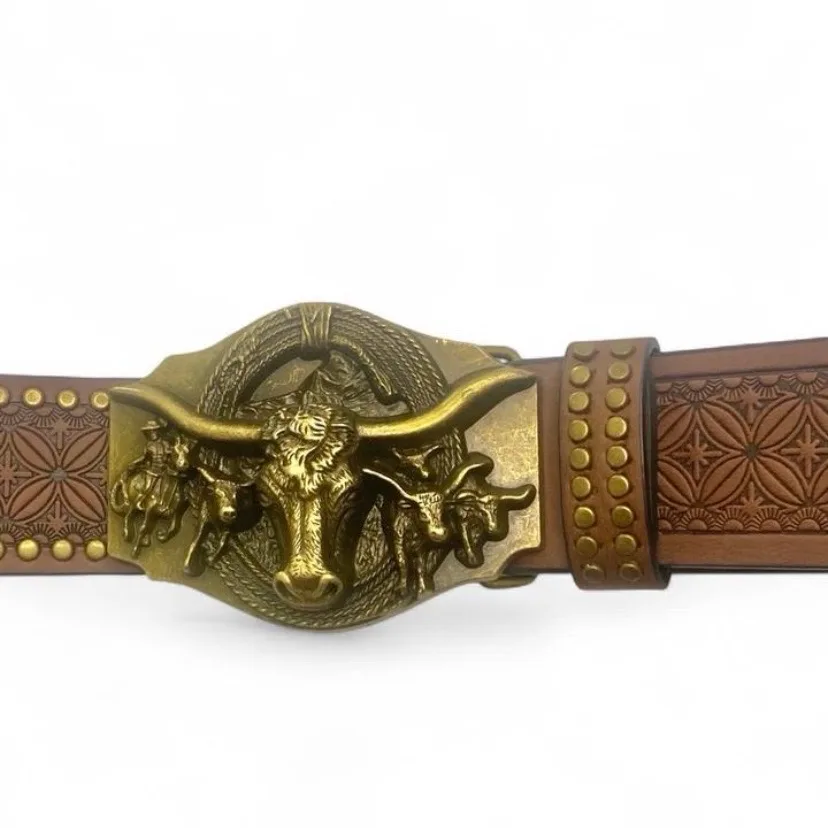 Western Belt Embossed Brass-Tone longhorn buckle — photo 6