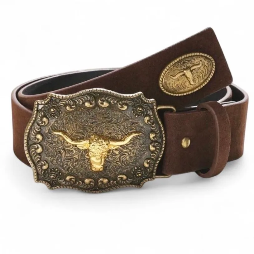 Western Brown Suedette belt Brass Buckle Golden Longhorn – photo 3