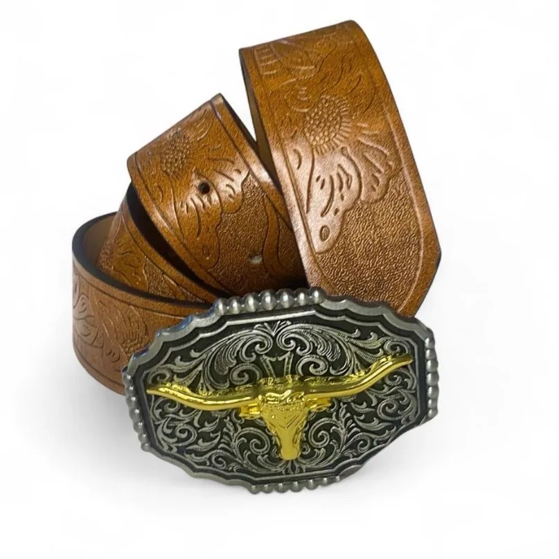 Custom Western Style Belt Golden Longhorn/ Silver Buckle NEW — photo 2