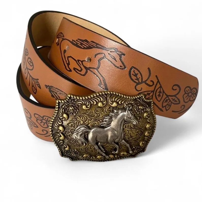 Western Style Embossed Belt Bronze-Tone Horse Buckle — photo 2