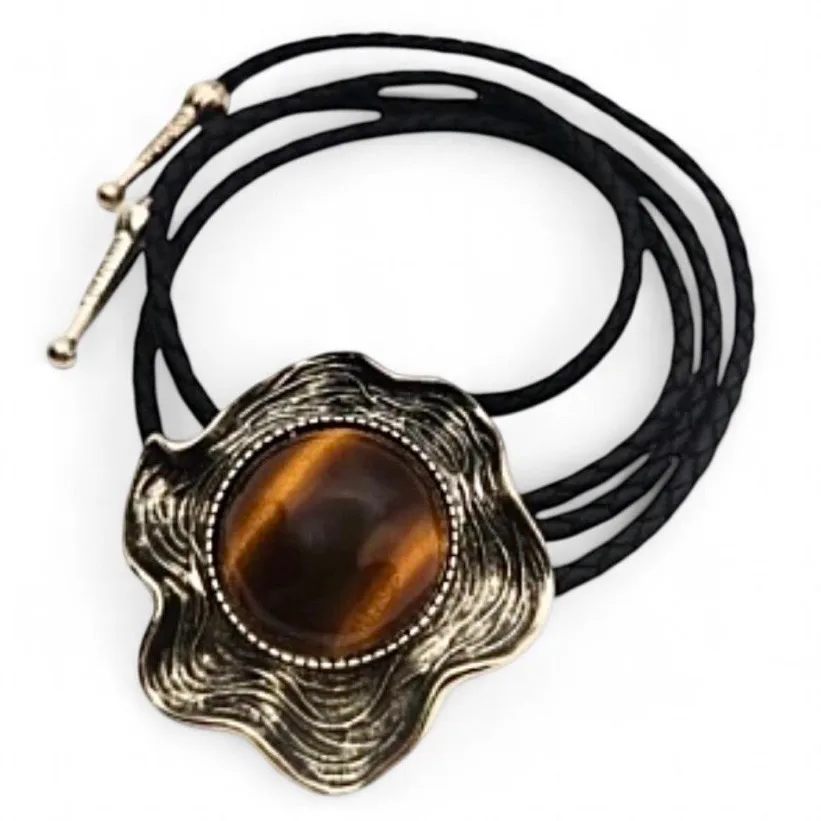 Western Style Bolo Tie Tigers Eye Silver-Tone Setting – photo 4