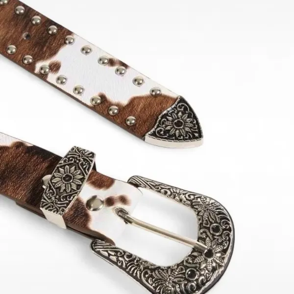 Western-Style Cow Print Studded Belt Ornate Silver Buckle