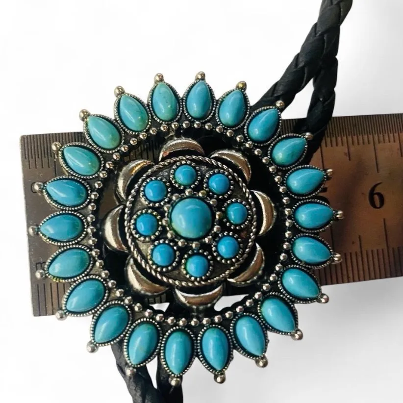 Western Bolo Tie Antique Silver-Tone Turquoise Sunburst – photo 6