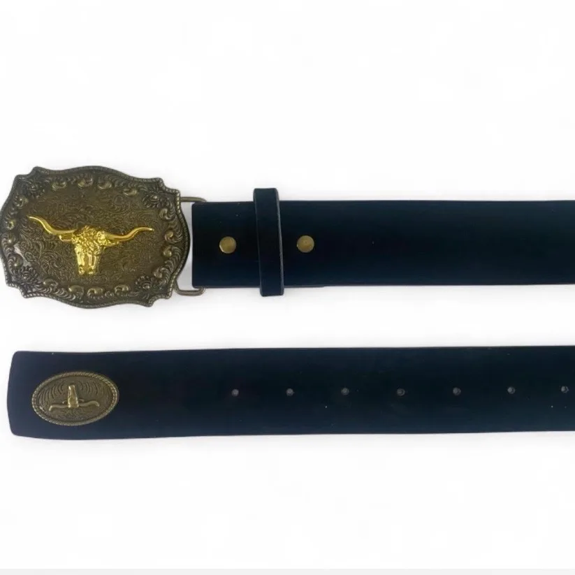 Western Black Suedette Belt with Golden Texas Longhorn on Brass-Tone Buckle – photo 5